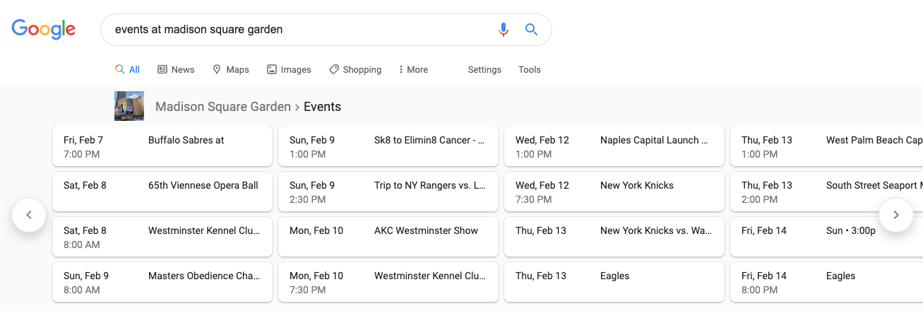 featured snippet for events