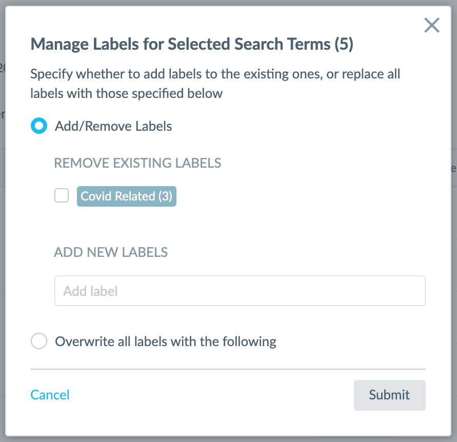 Add Search Term Label modal