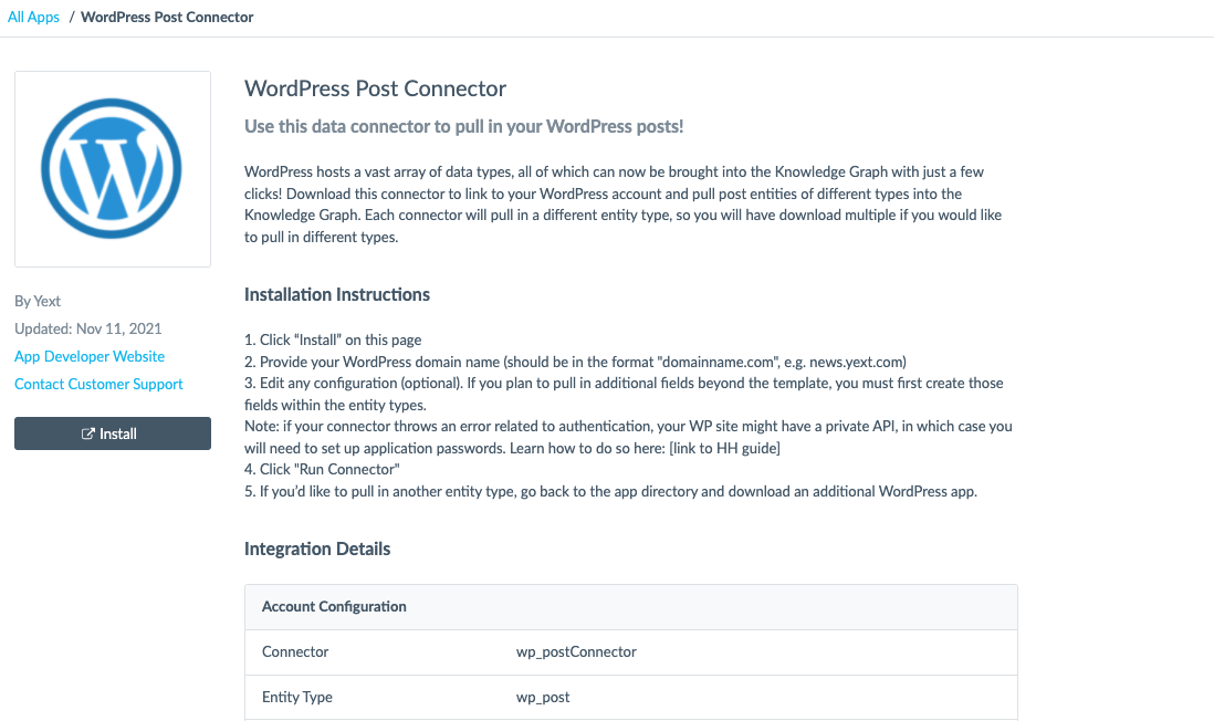 wordpress post connector screen in App Directory