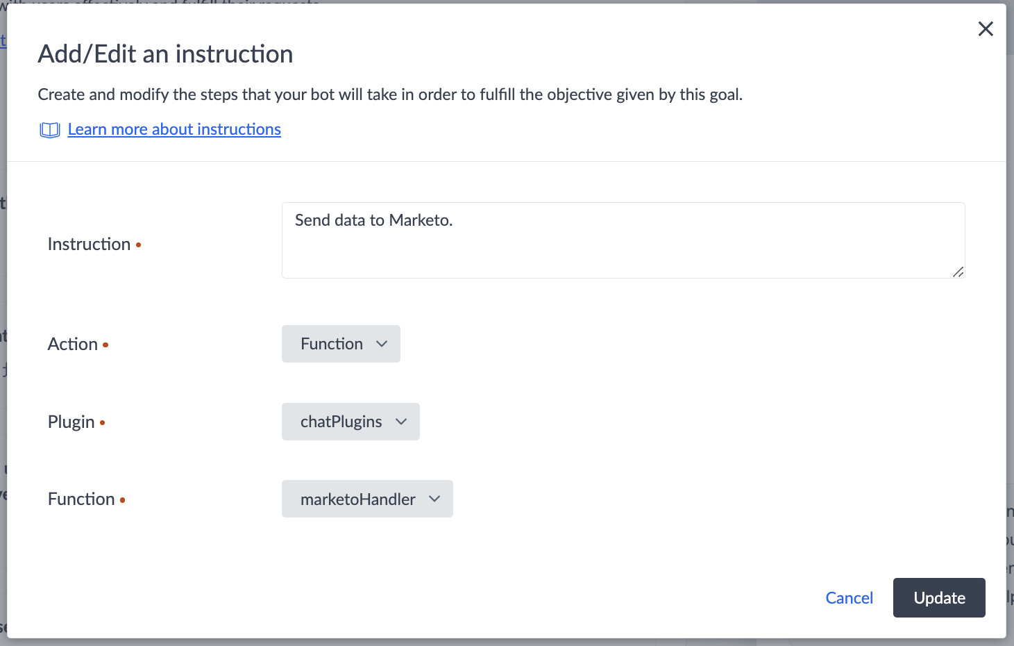 Function instruction configuration in edit instruction modal