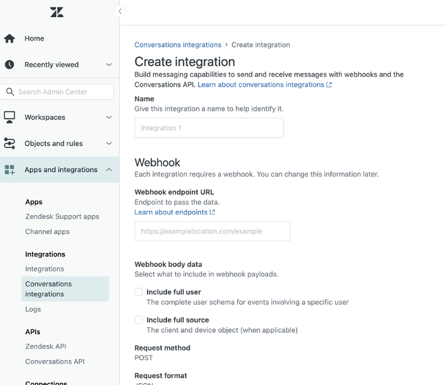 Zendesk Create Integration page