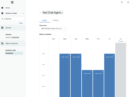 Zendesk Schedules screen