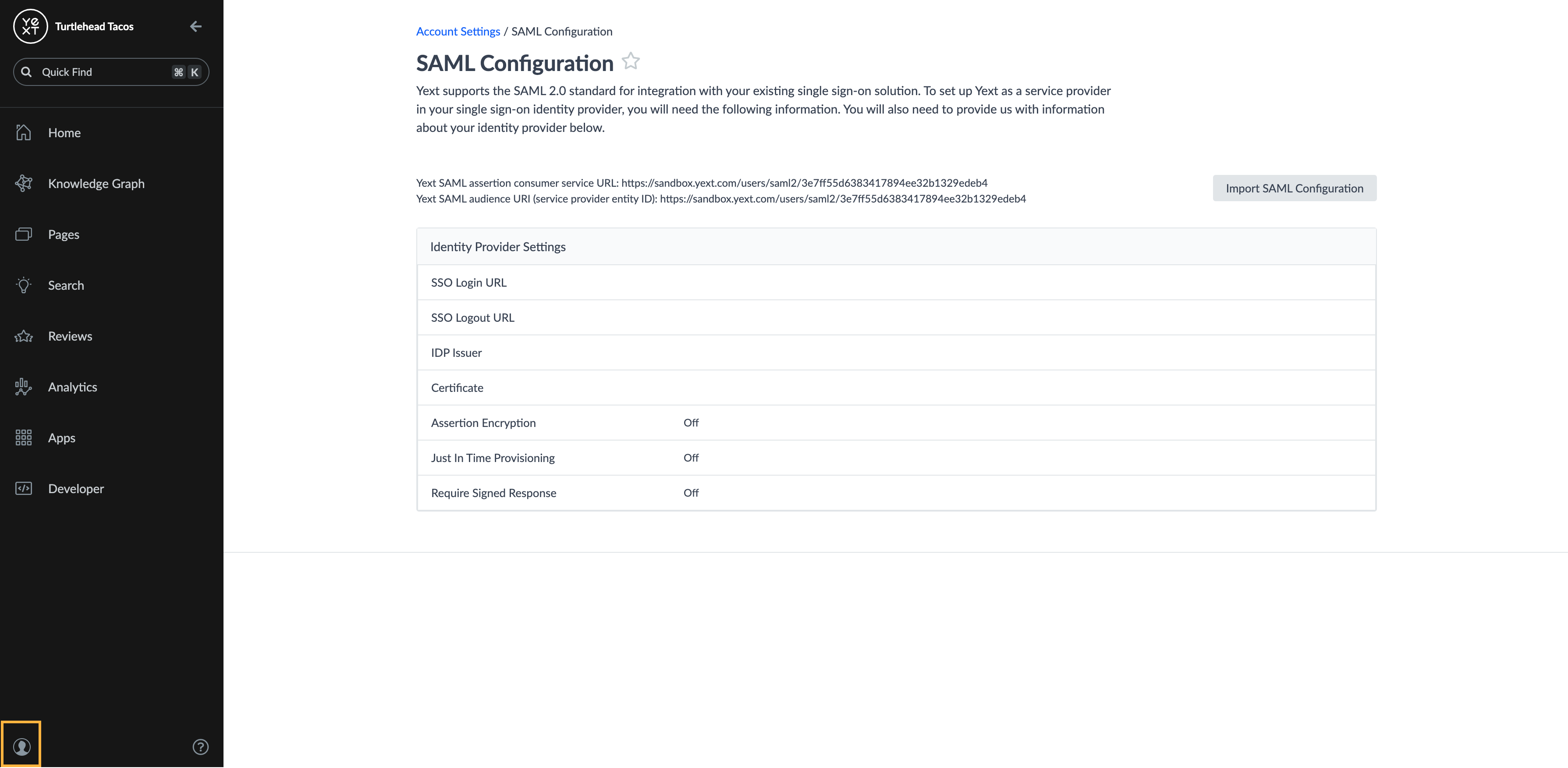 saml configuration page
