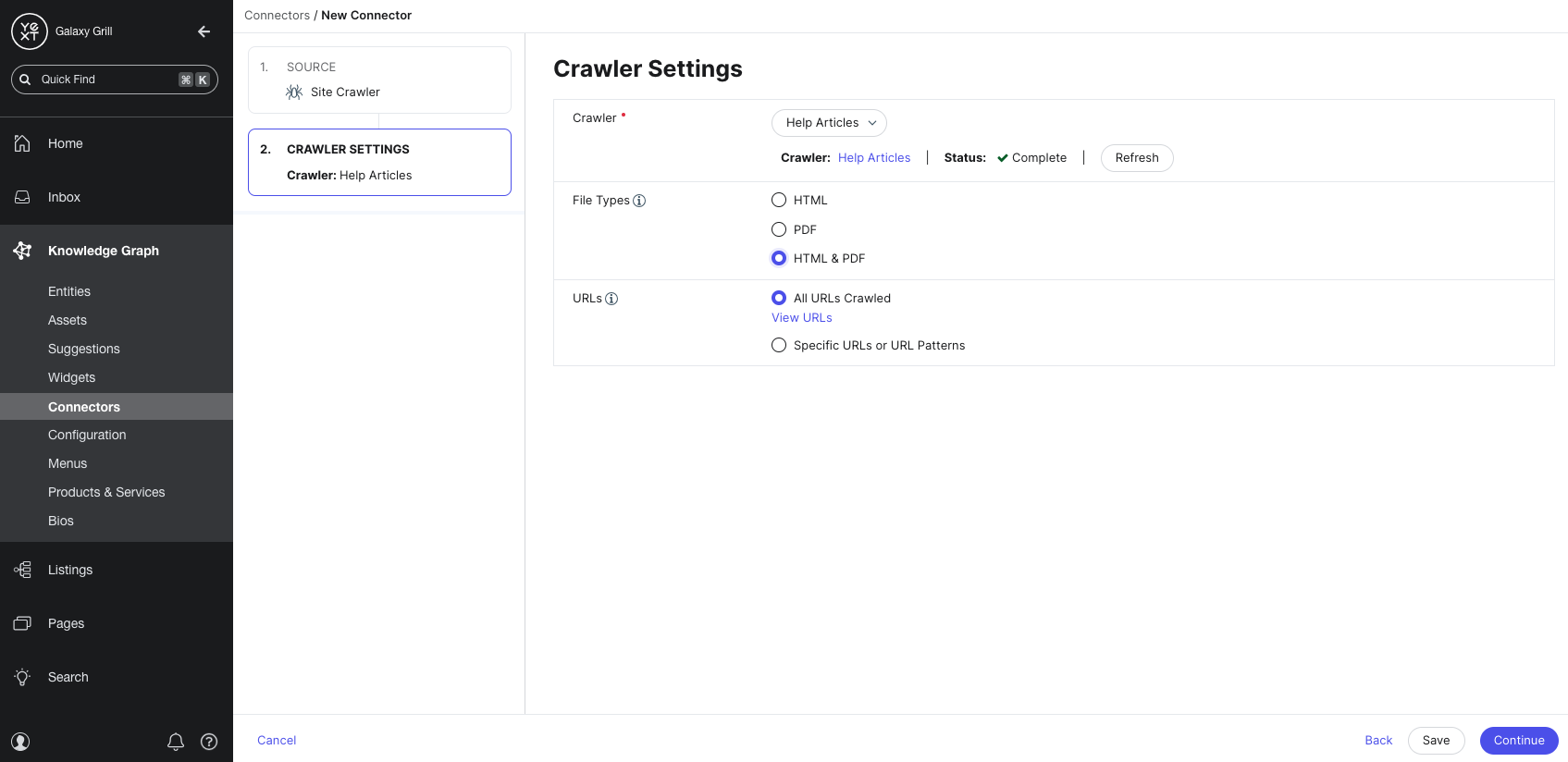 Select crawler, file types, and URLs