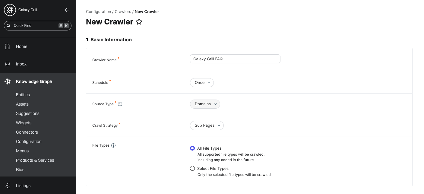 Enter the Basic Information for the crawler