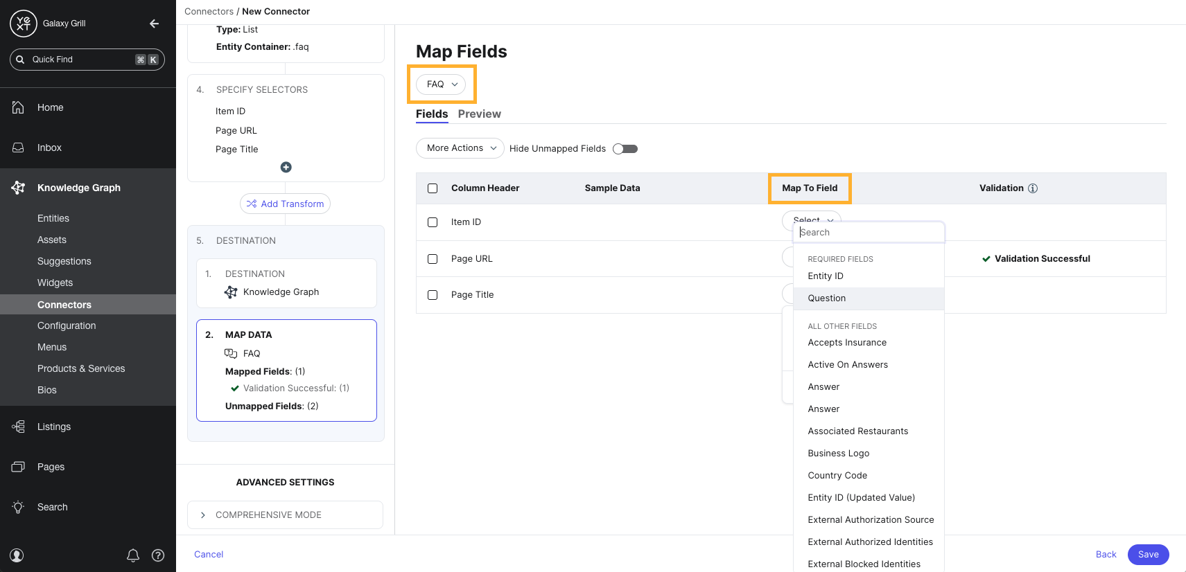 Map data columns to entity fields