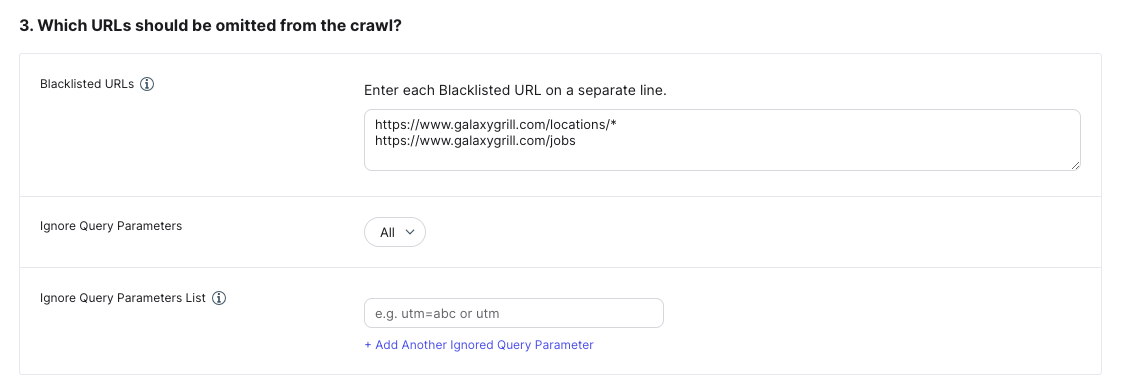 Enter blacklisted URLs and query parameter settings