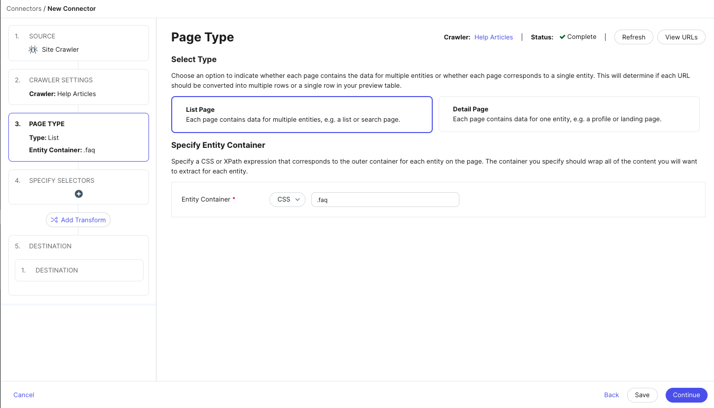 Enter CSS or XPath entity container for List Pages