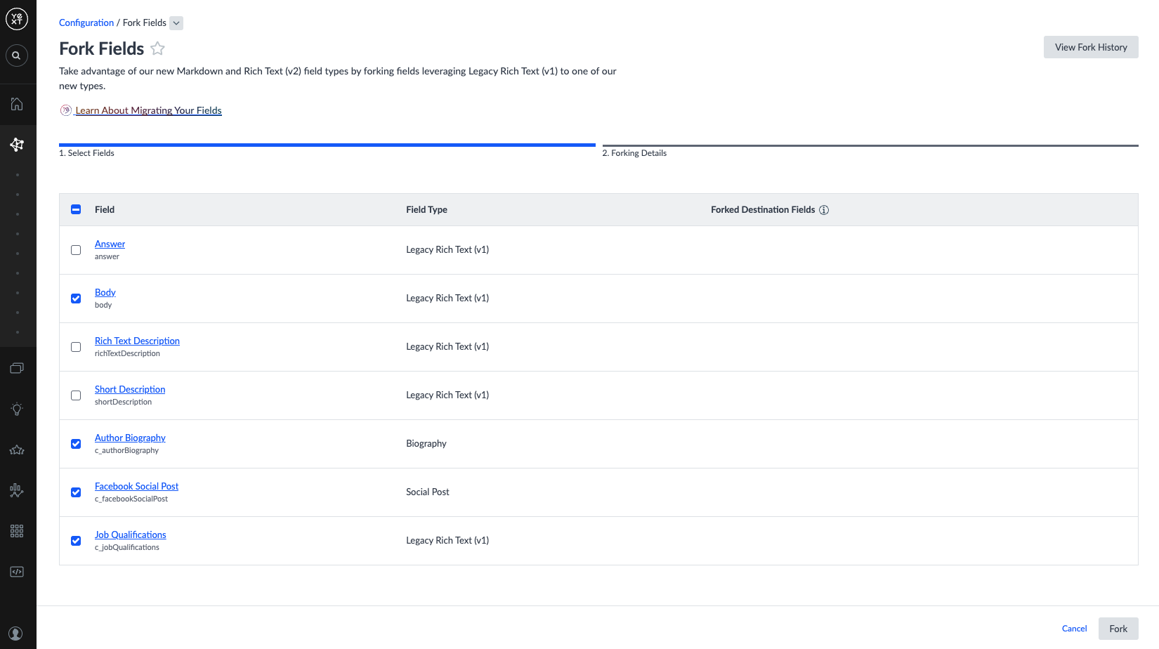 Select fields to fork