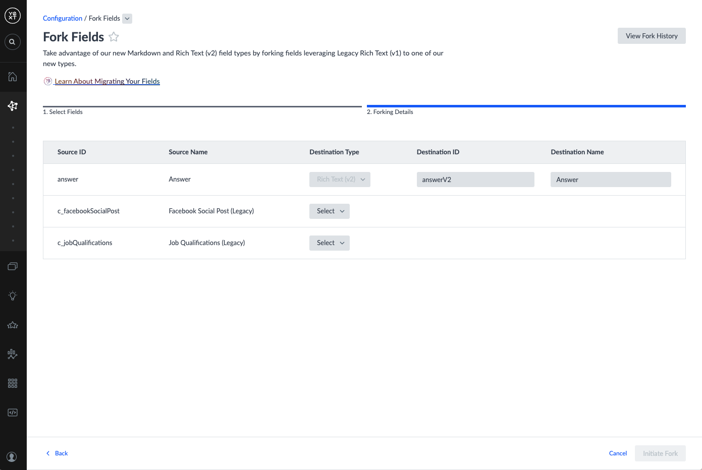 Configure forked fields