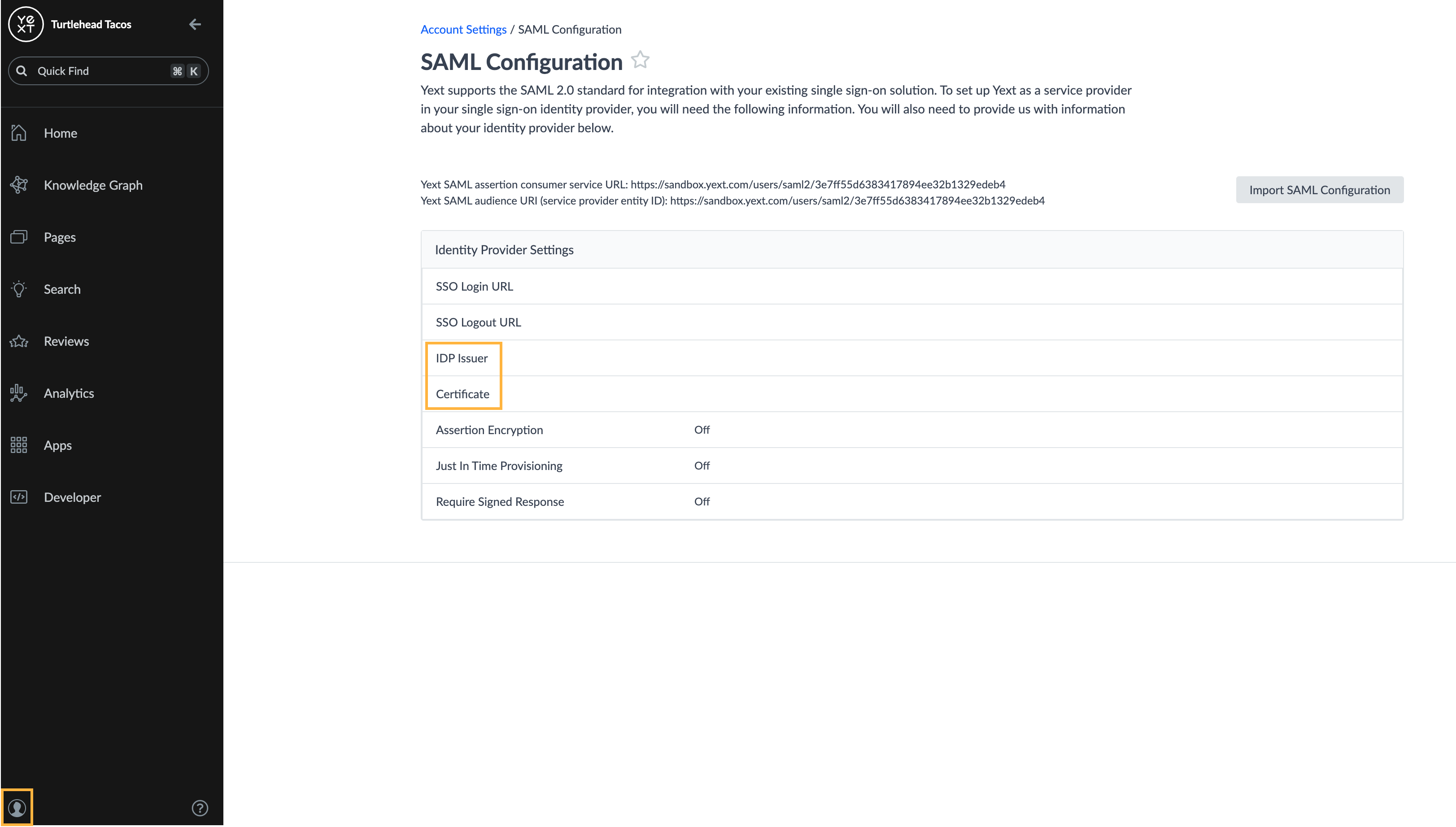 idp issuer and certification fields