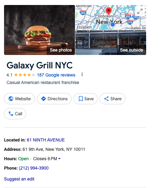 Galaxy Grill NYC listing on Google