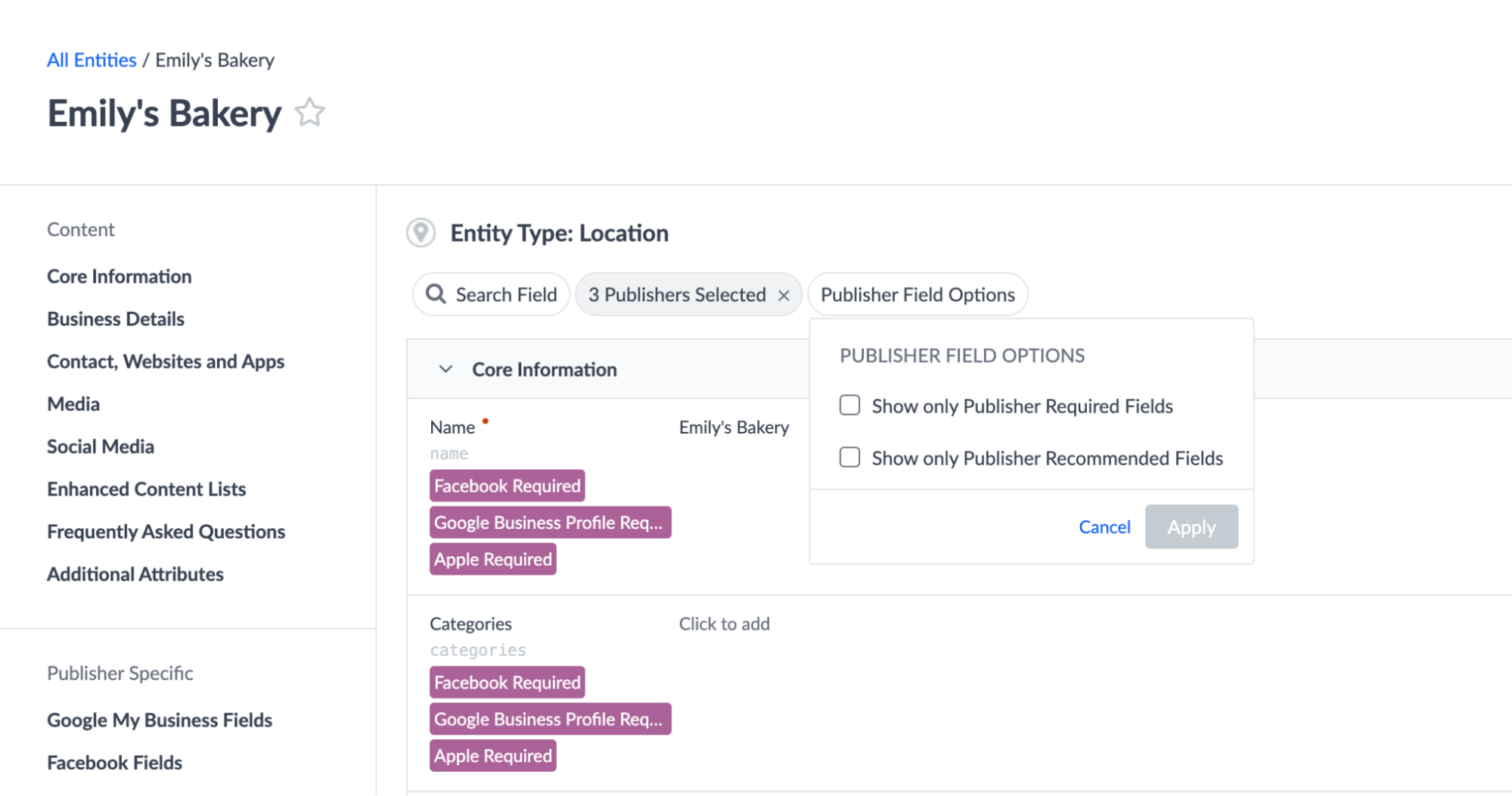 Publisher Field Options dropdown menu