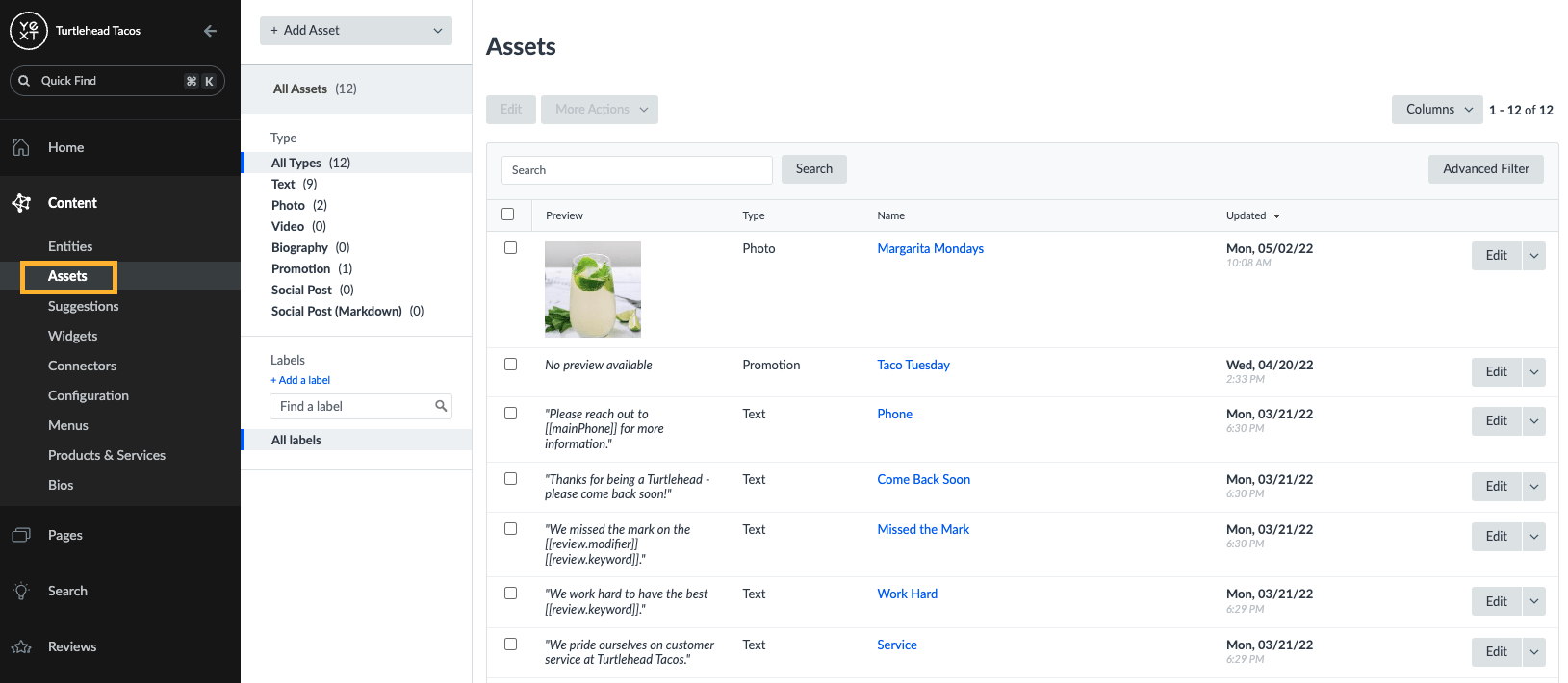 Assets are shared content stored in Yext under Content