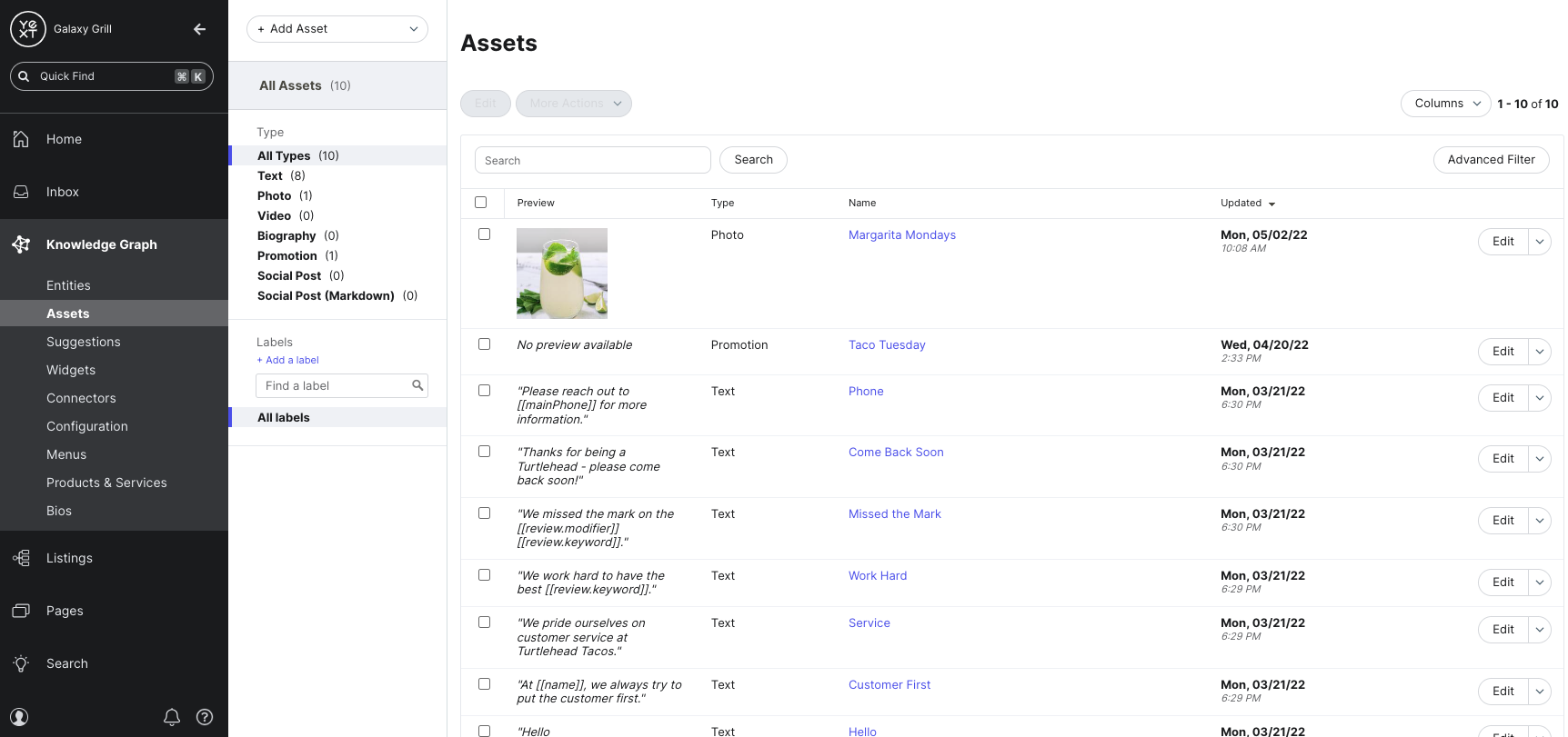 Manage Assets screen