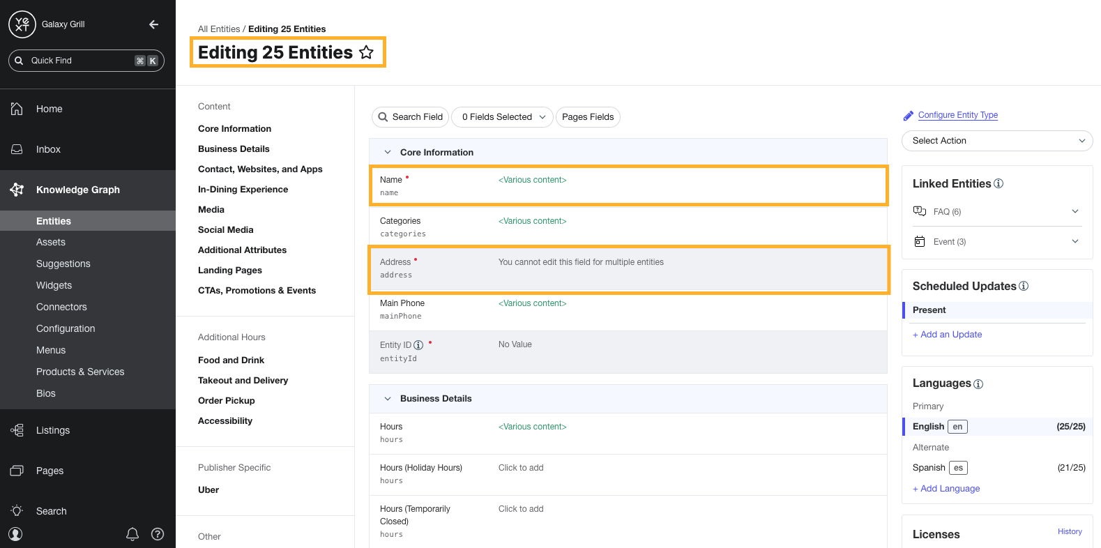 Bulk entity edit view