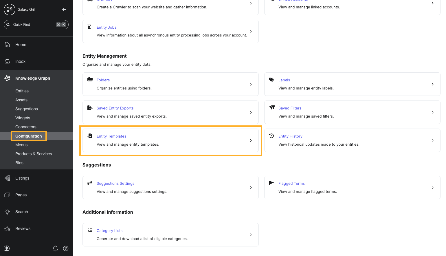 Entity Templates tile in Knowledge Graph Configuration
