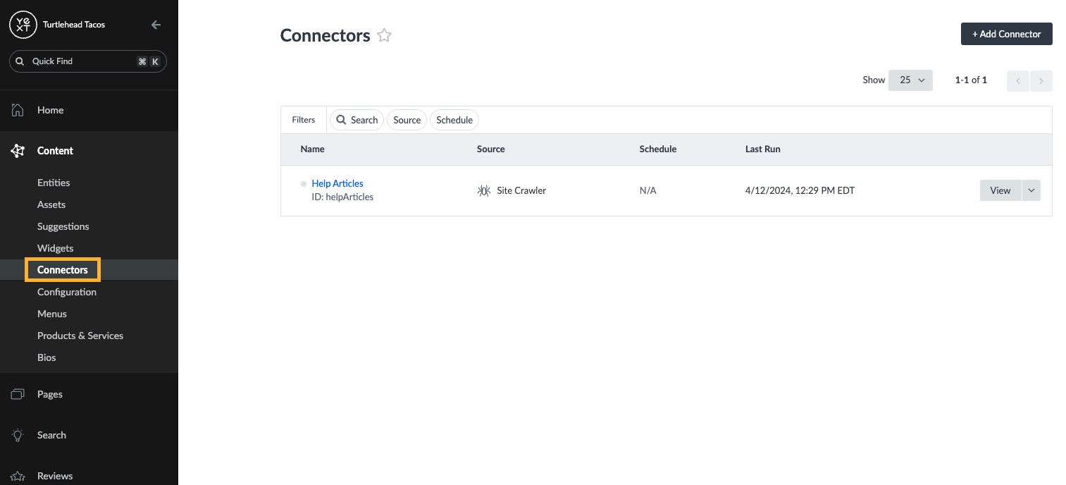 Connectors take data from a souce and transforms it into entities in Content
