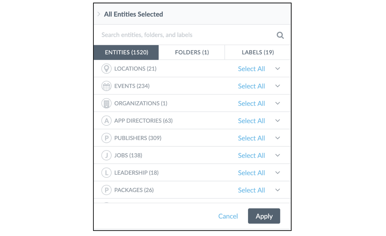 Entities can be selected individually or by folder or label