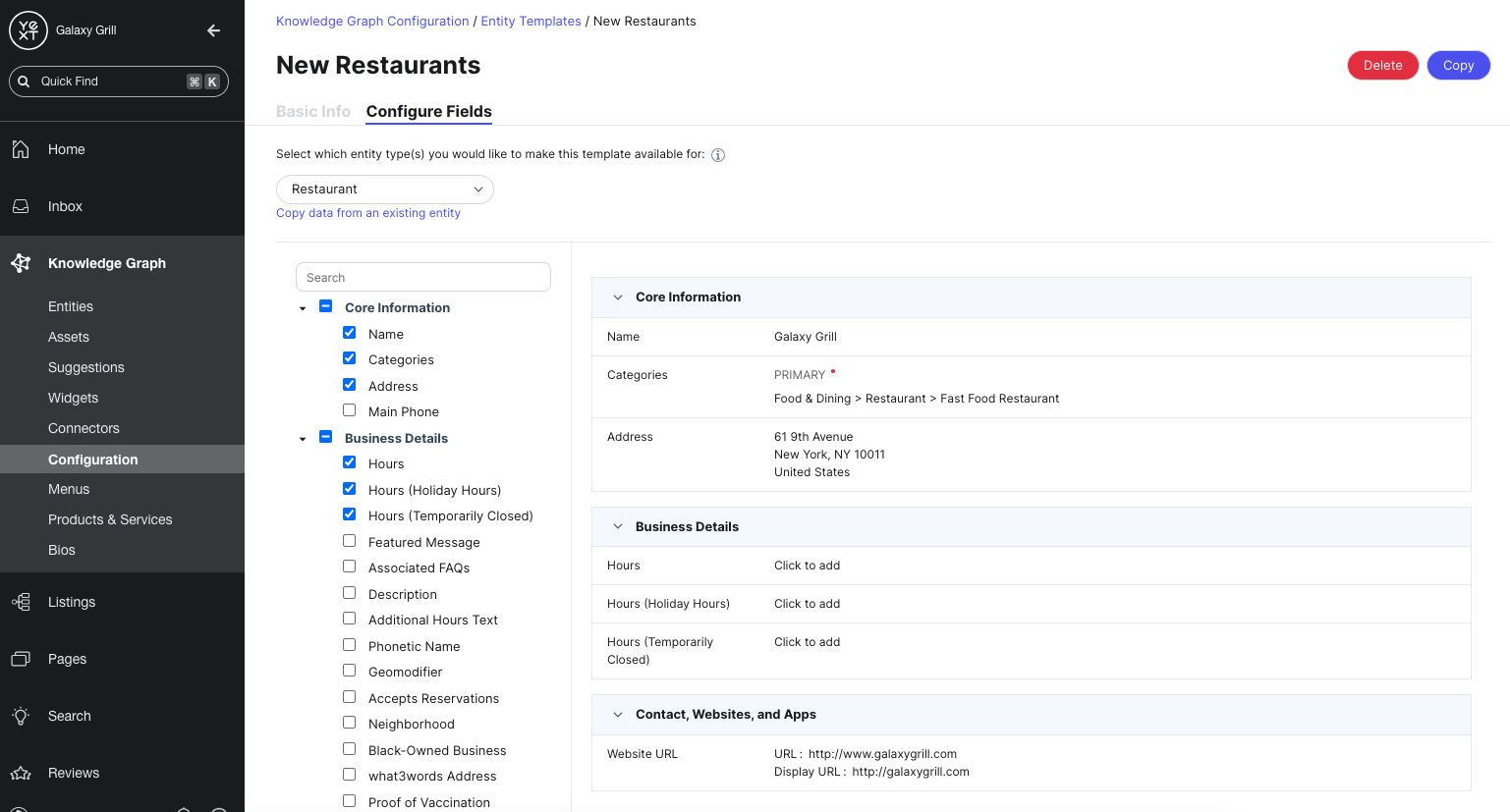 Entity template with fields populated