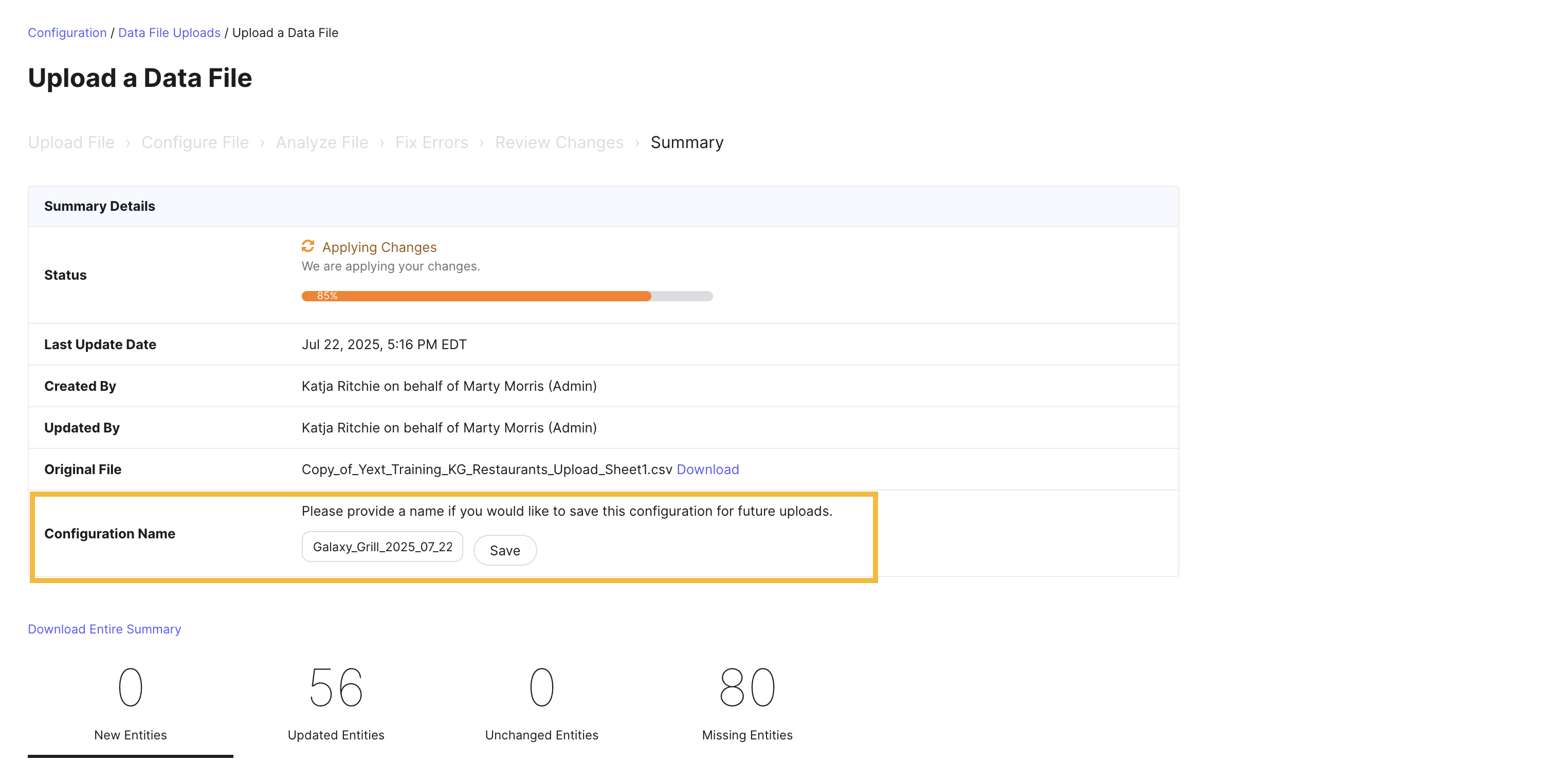 Save your upload configuration