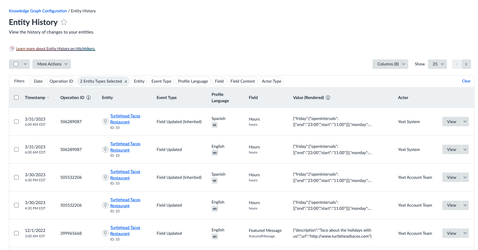 The Entity History table lists all of your entity activity