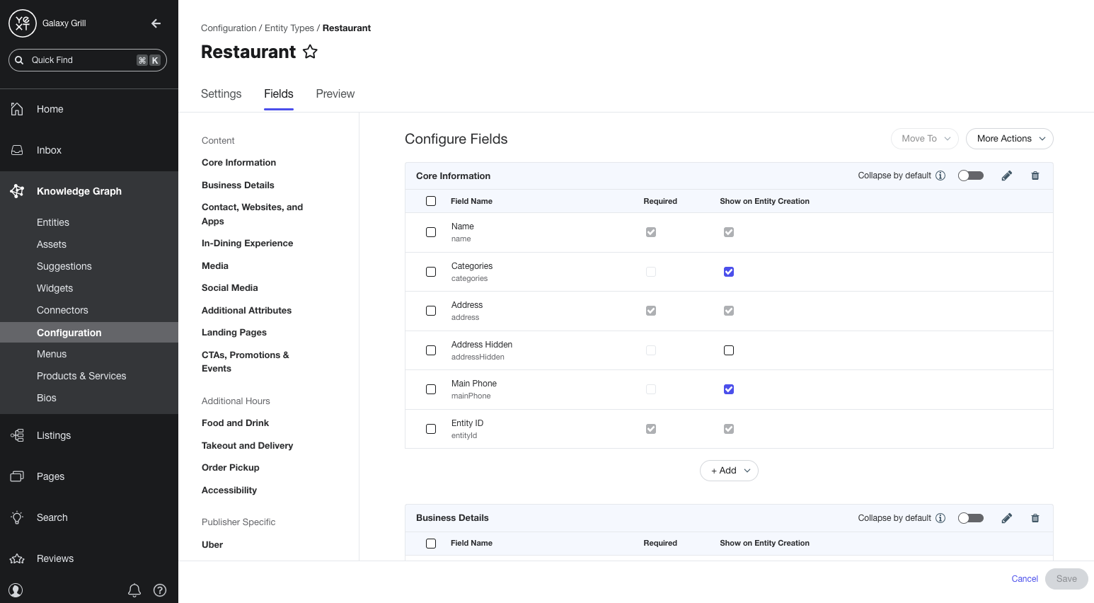 Field presentation for Restaurant entity type