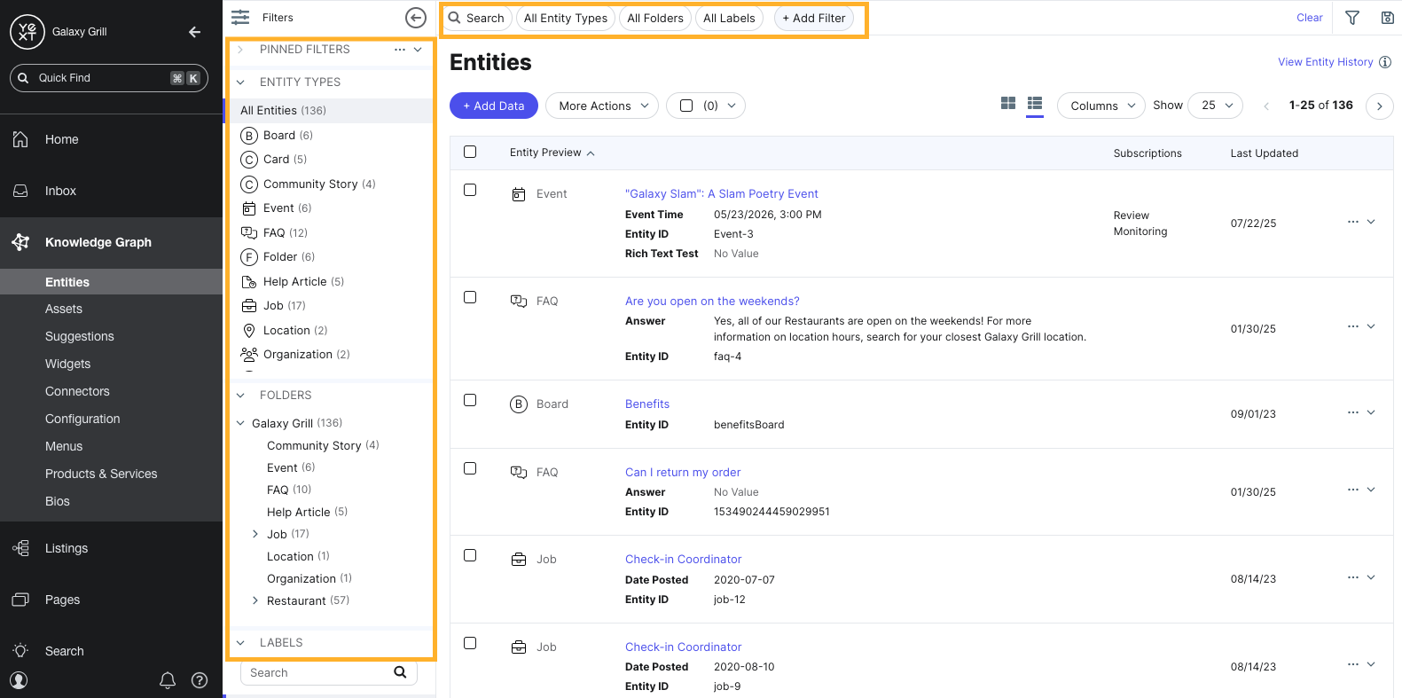 Filter entities with the top filter bar or left sidebar