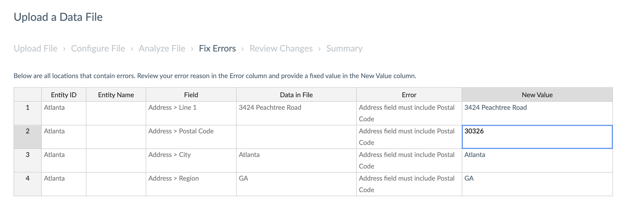 spreadsheet view for fixing errors