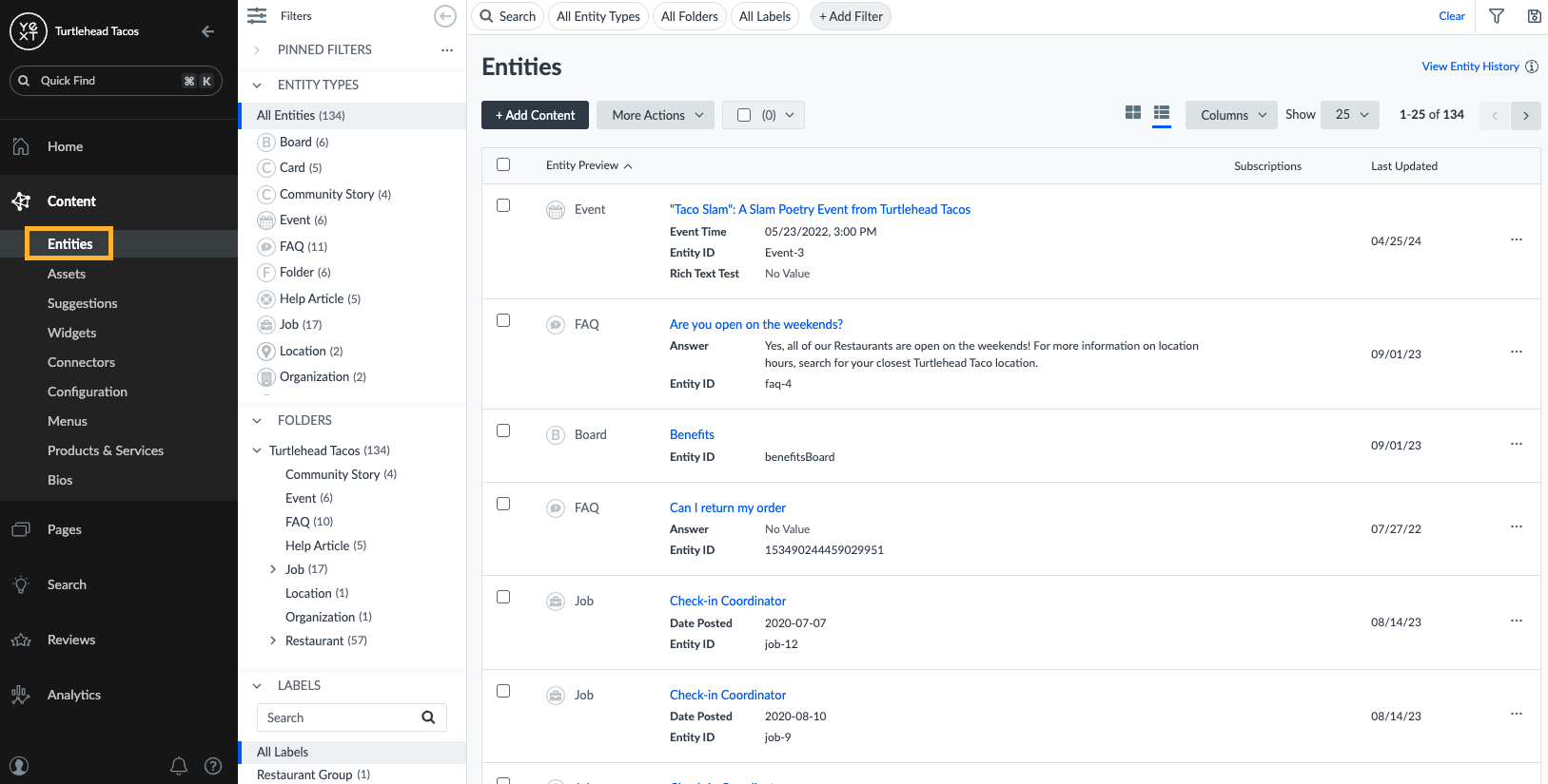 Entities page overview under Content