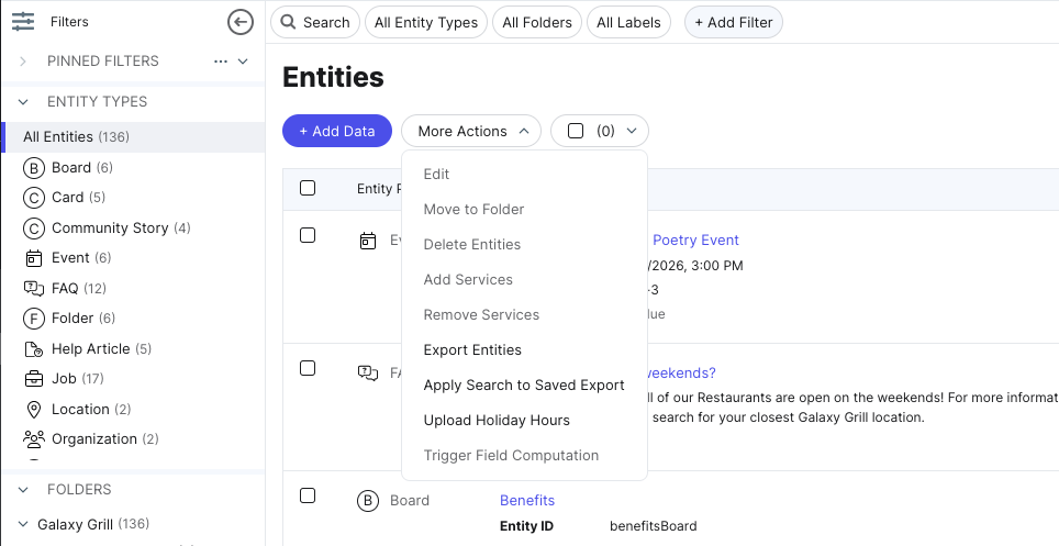 Search bar with filters and more actions
