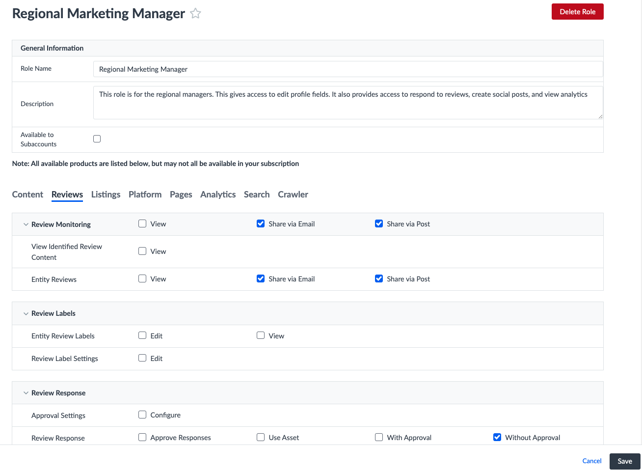 role management screen for reviews