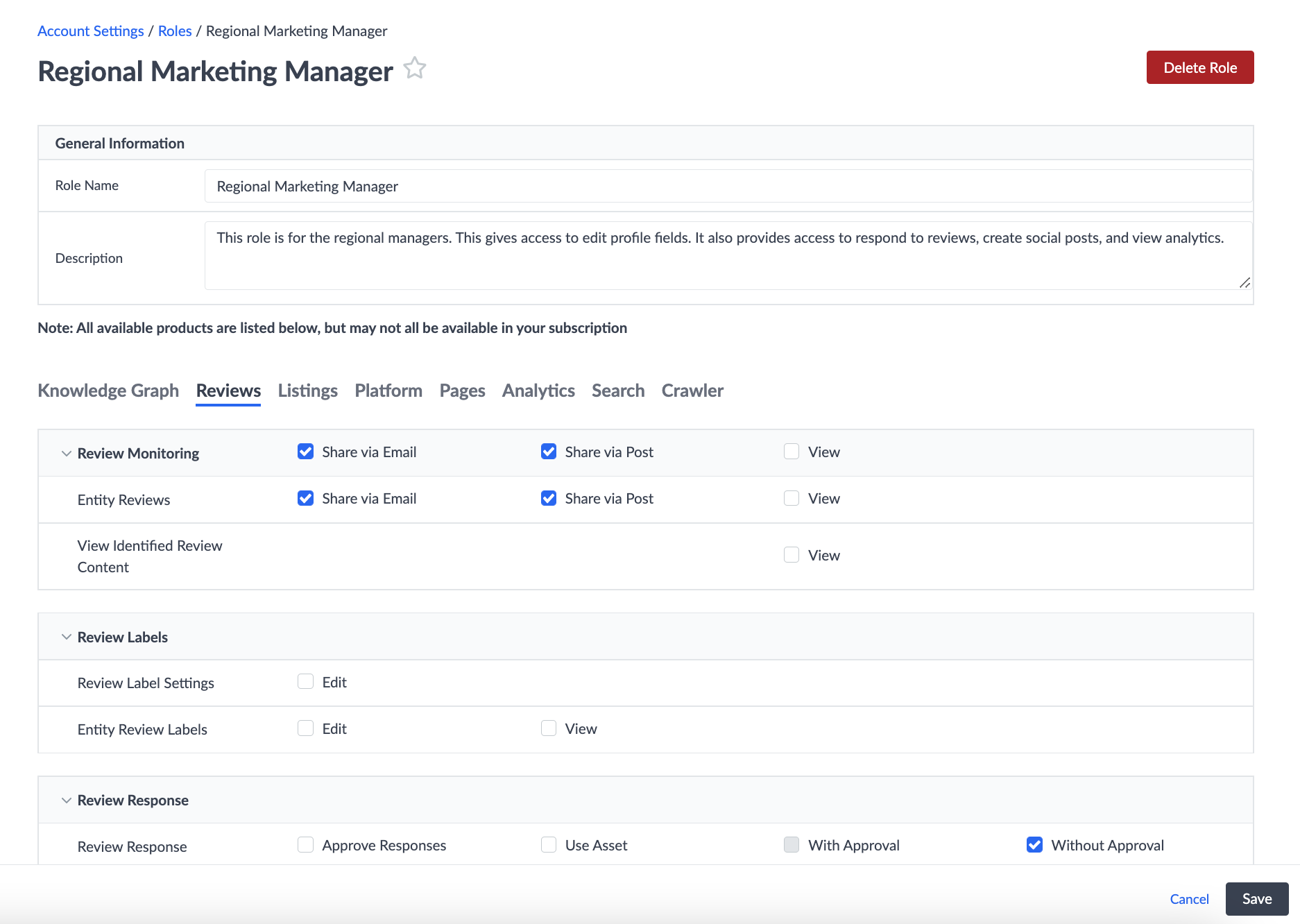 role management screen for reviews