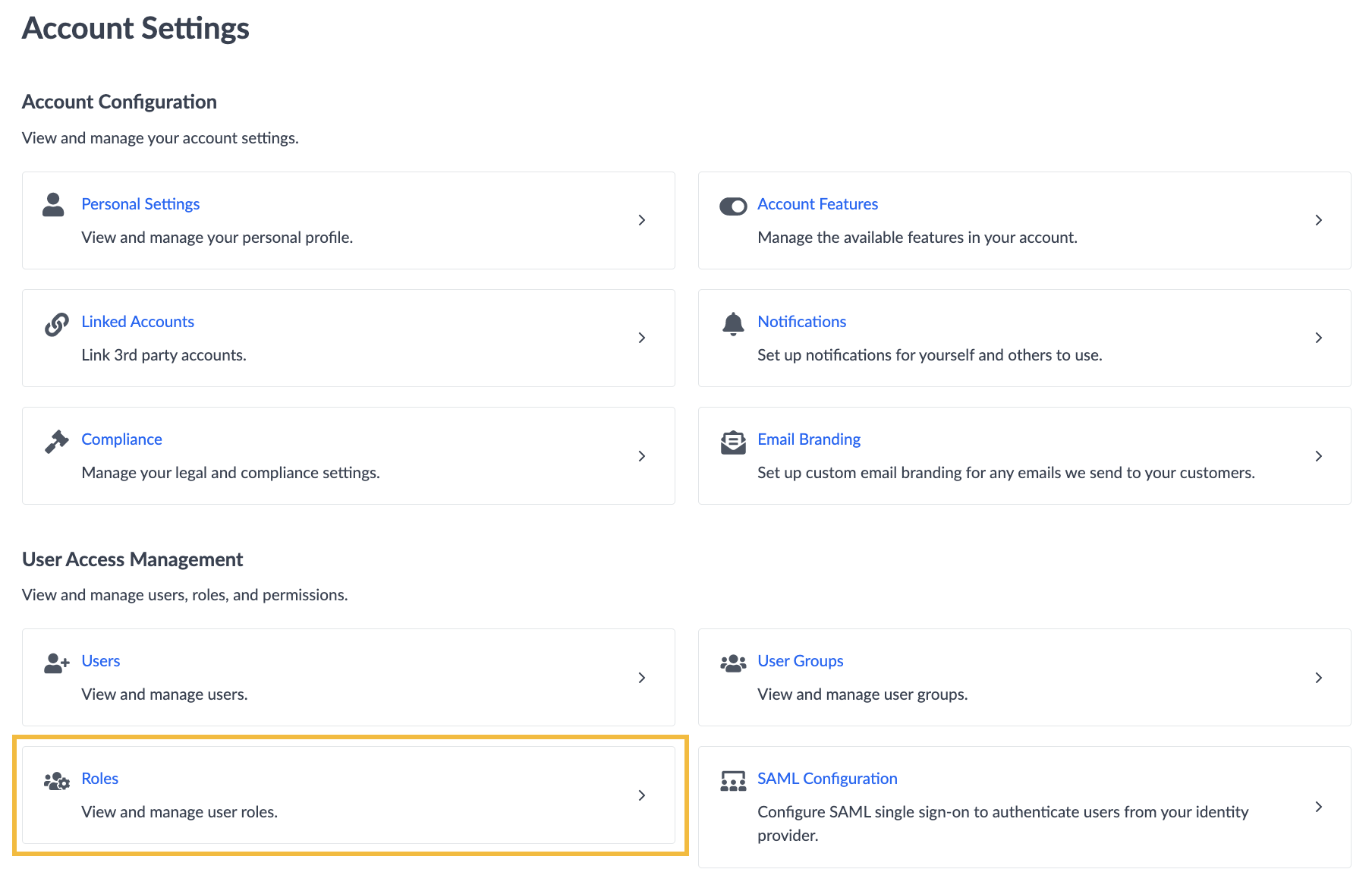 role account settings sections