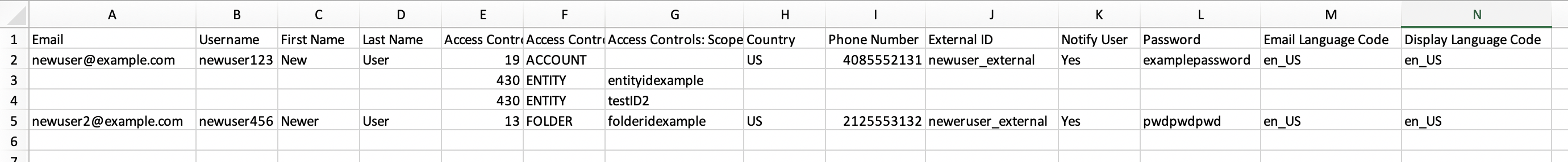 user sample spreadsheet