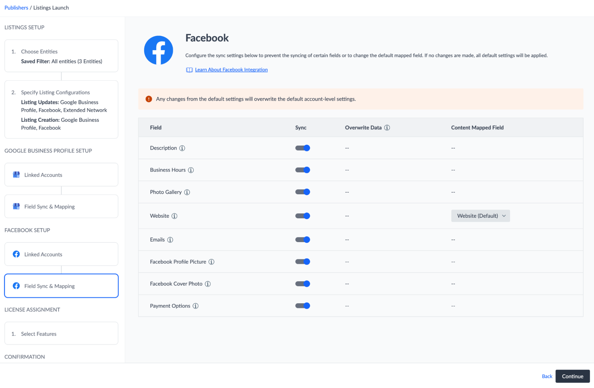 Set your Facebook field sync settings