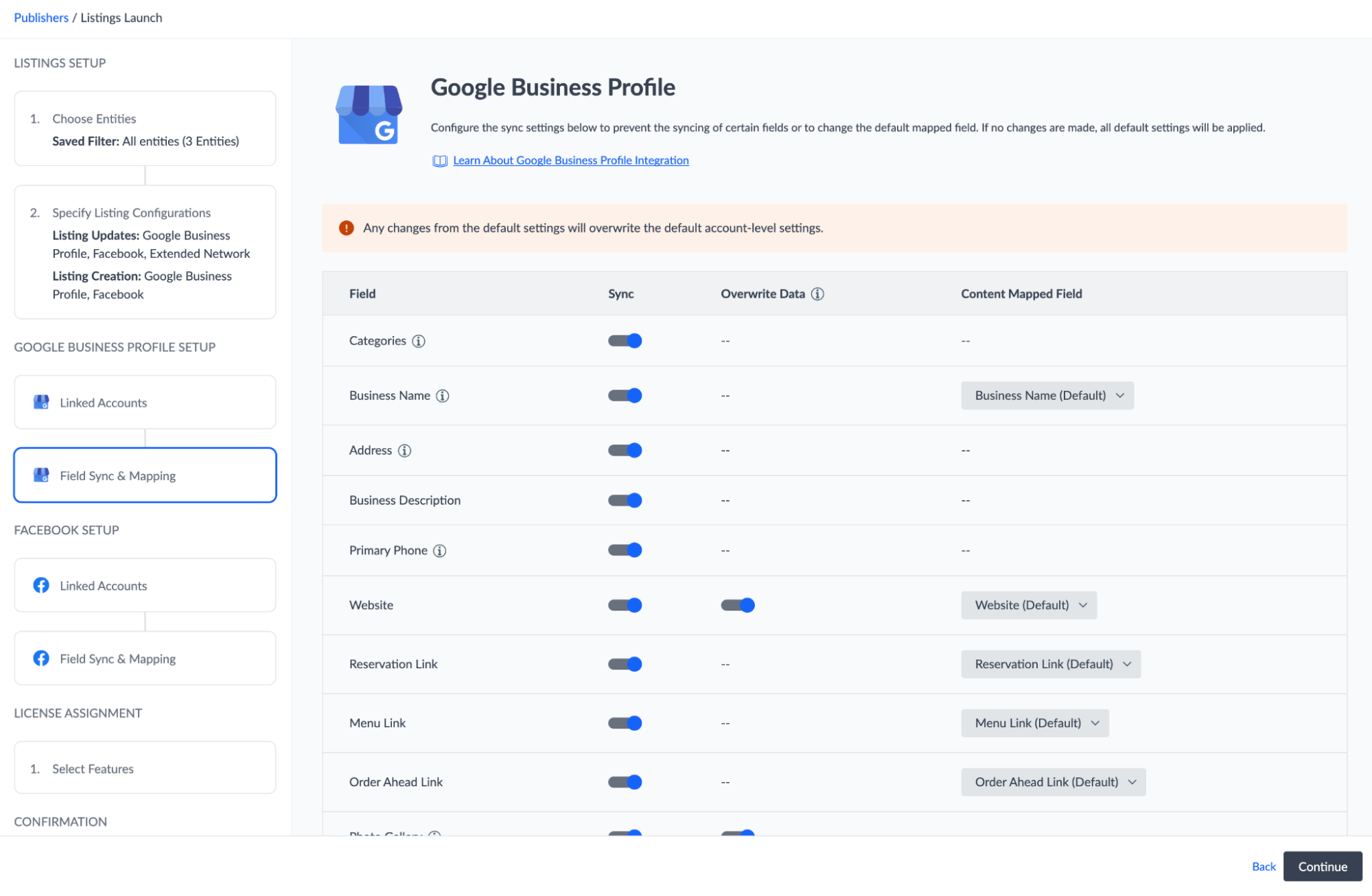 Set your Google field sync settings