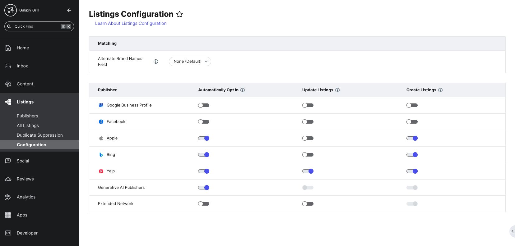 Listings Configuration screen