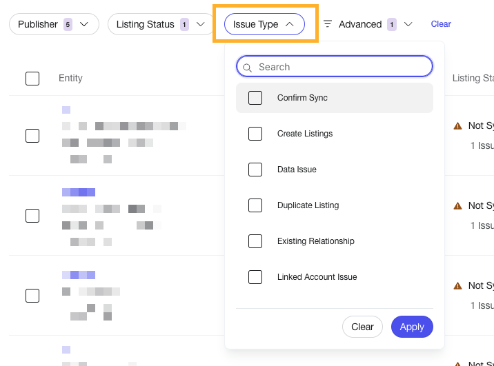 Filter listings by issue type