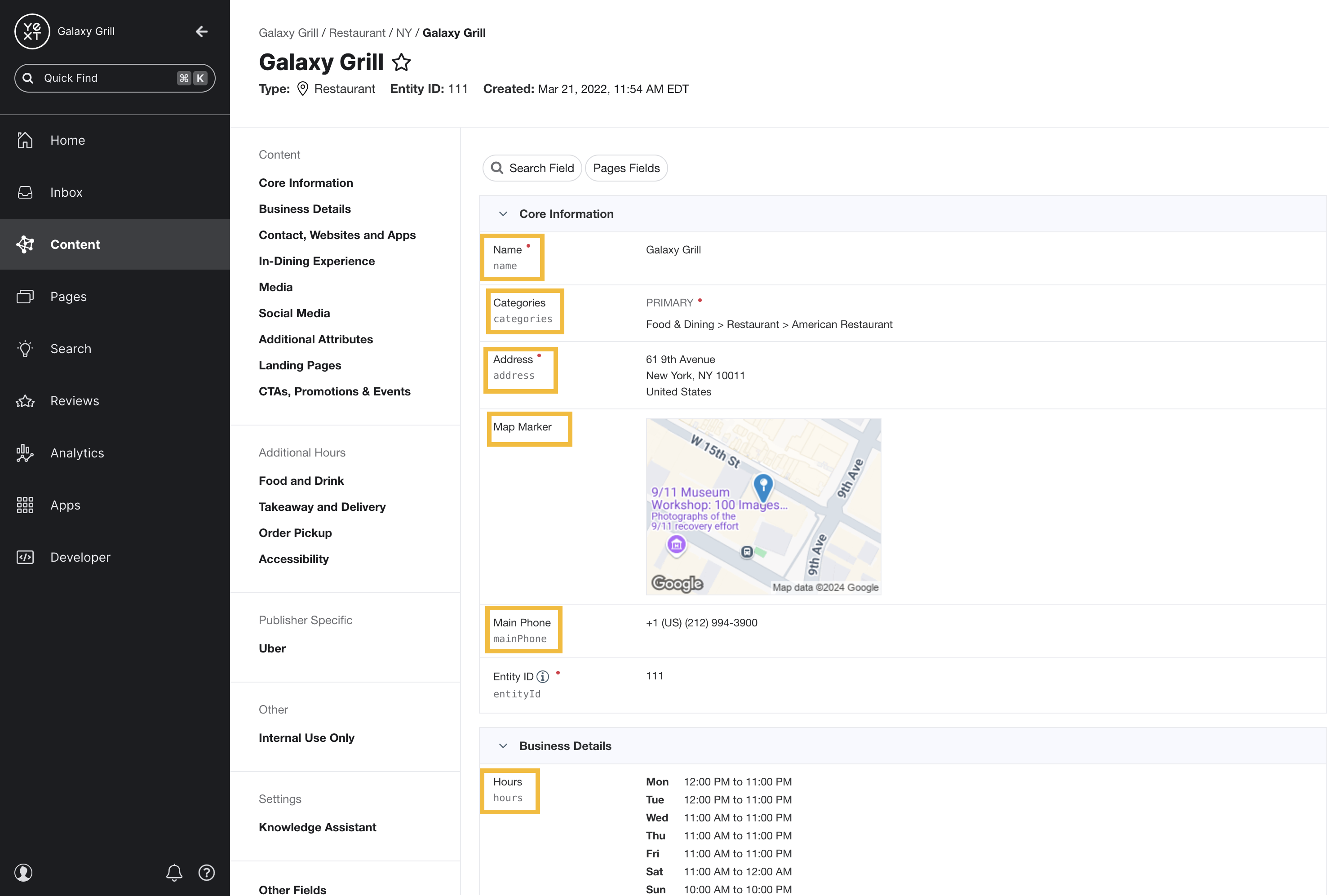 Entity in Yext for Galaxy Grill NYC