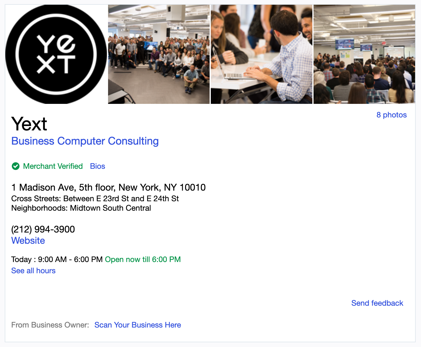 Yext listing on Yahoo