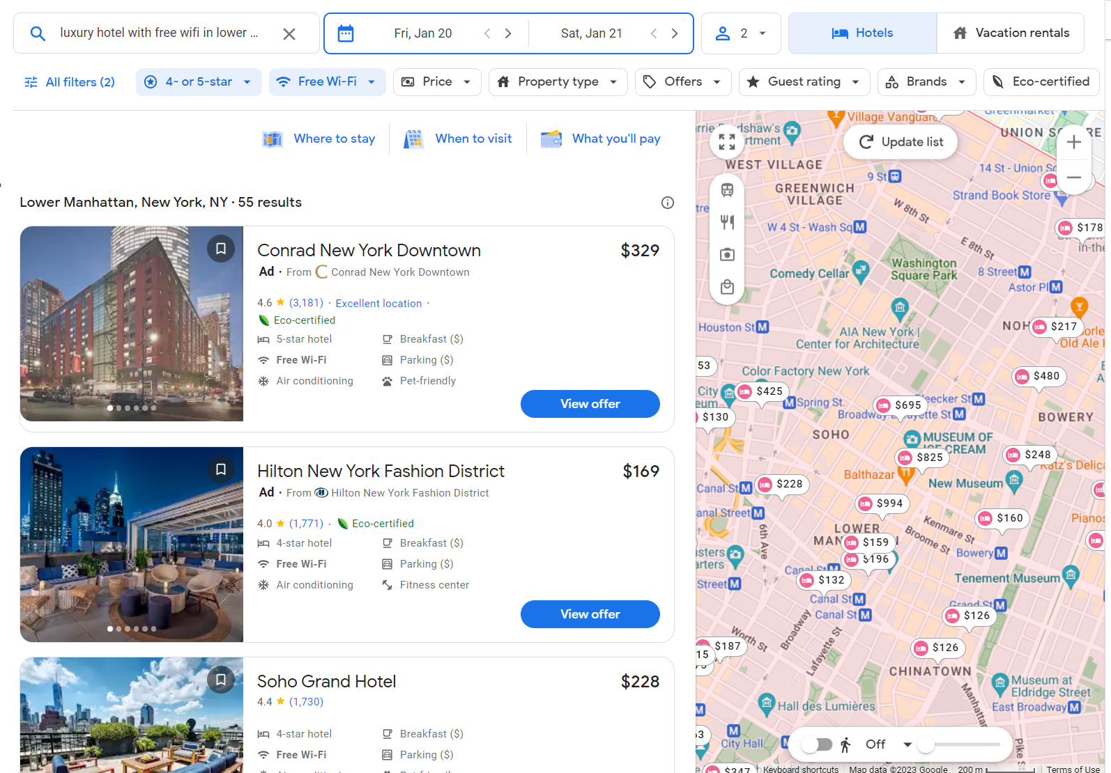 Hotel listing search results on Google