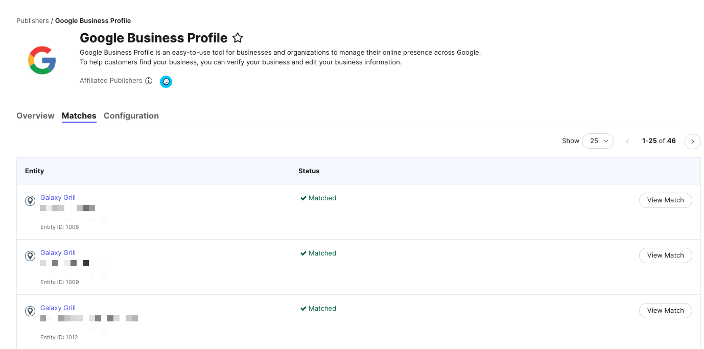 Google publisher detail matches