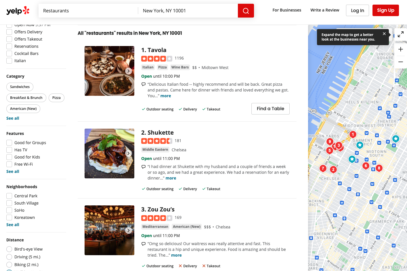 Yelp search results for restaurants in NYC