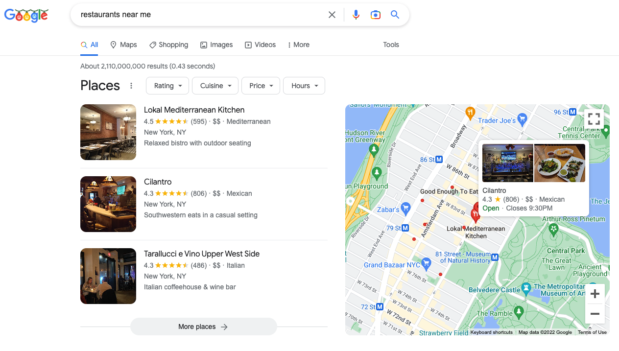 Google restaurant search results