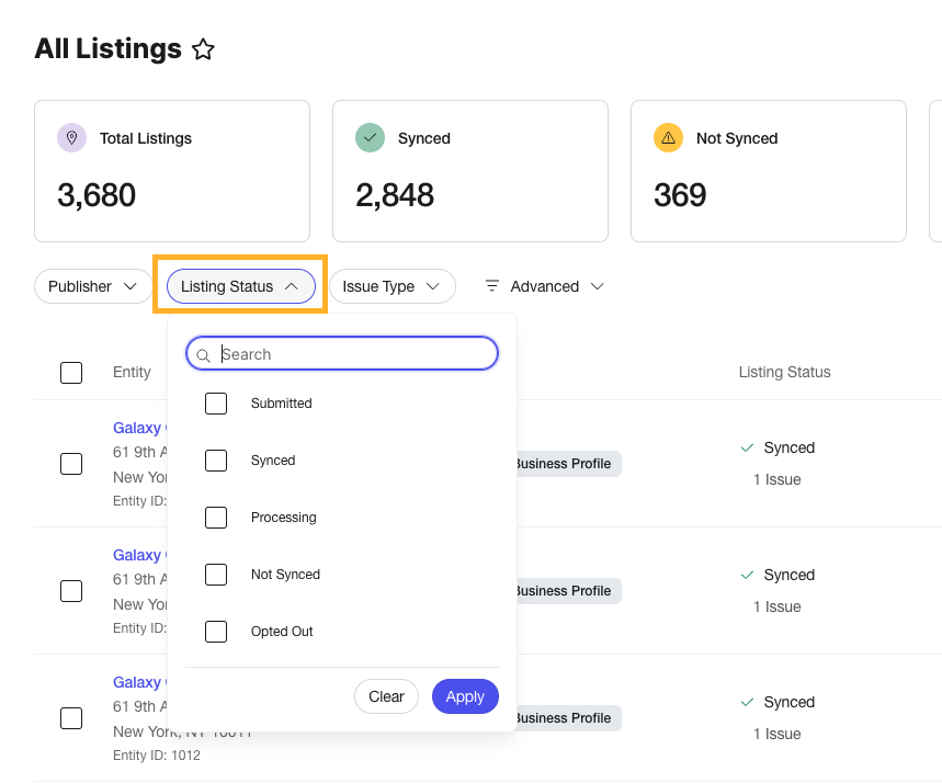 Filter by listing status