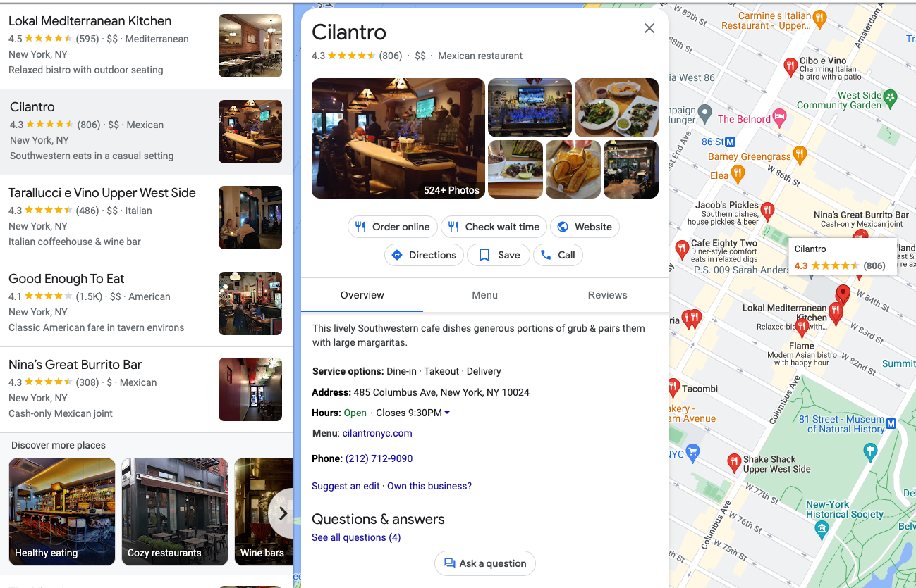 A restaurant listing on Google