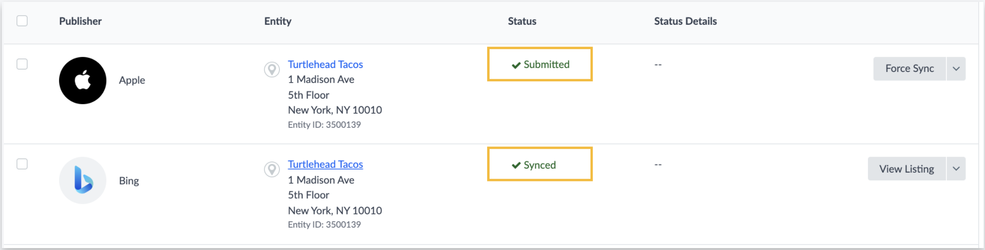 submitted and synced listing status