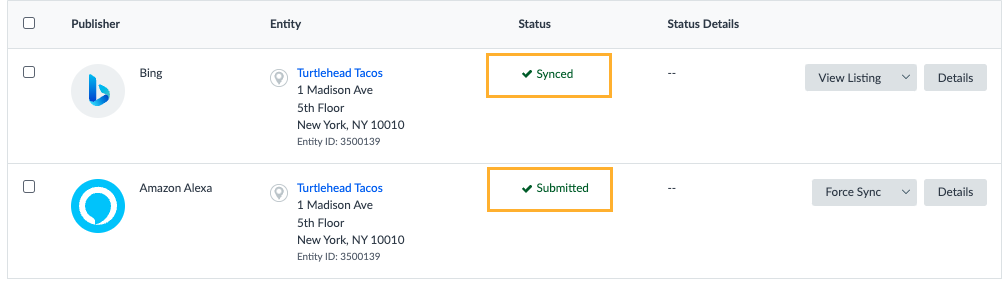 submitted and synced listing status