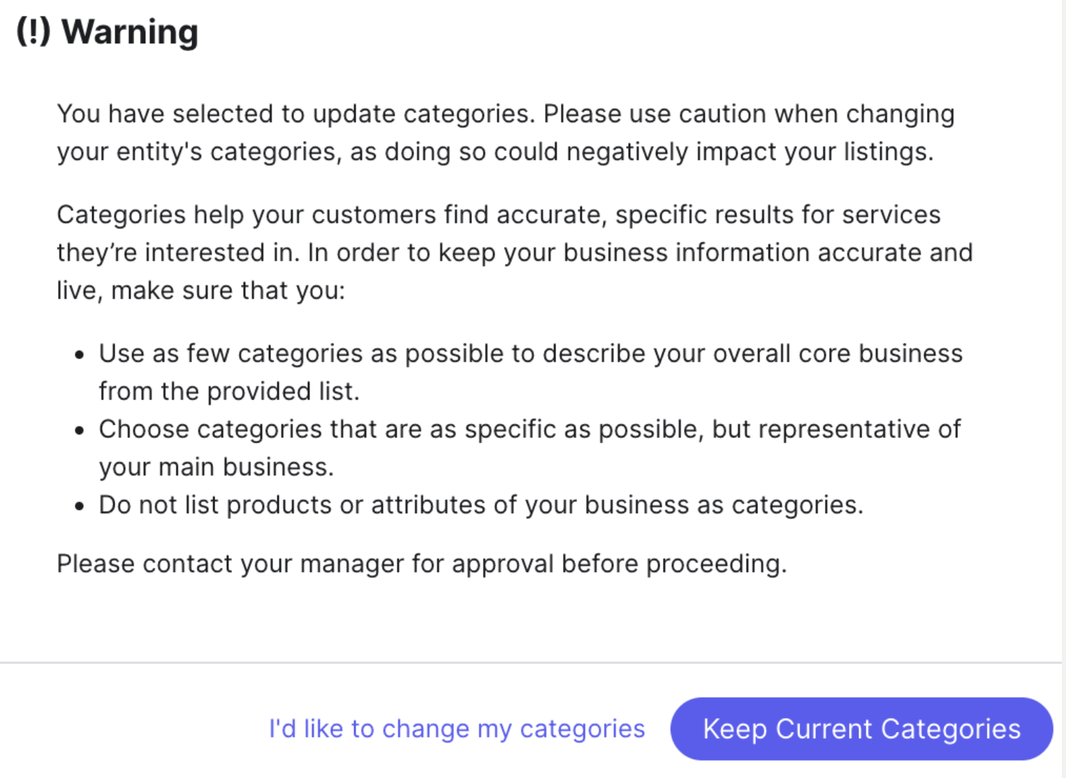 Update categoires warning